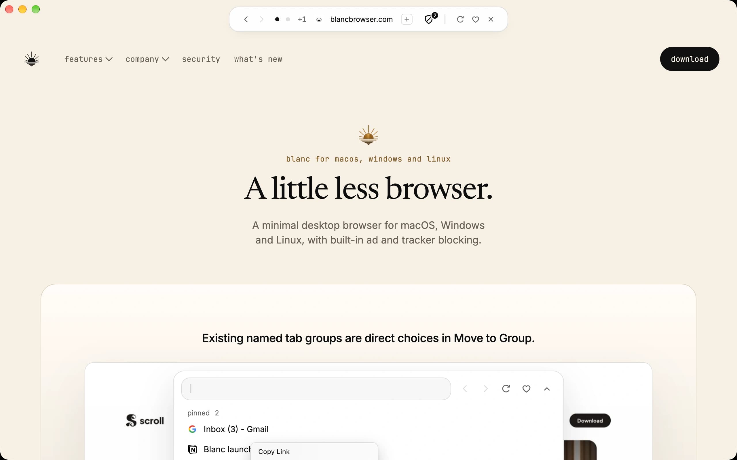 Blanc Browser with its floating Island toolbar above the Blanc homepage