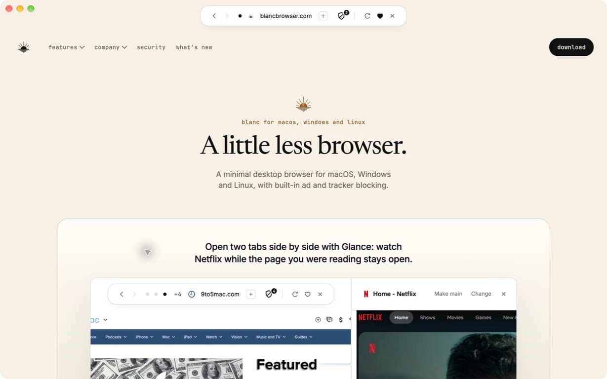 Blanc Browser desktop application displaying its public website