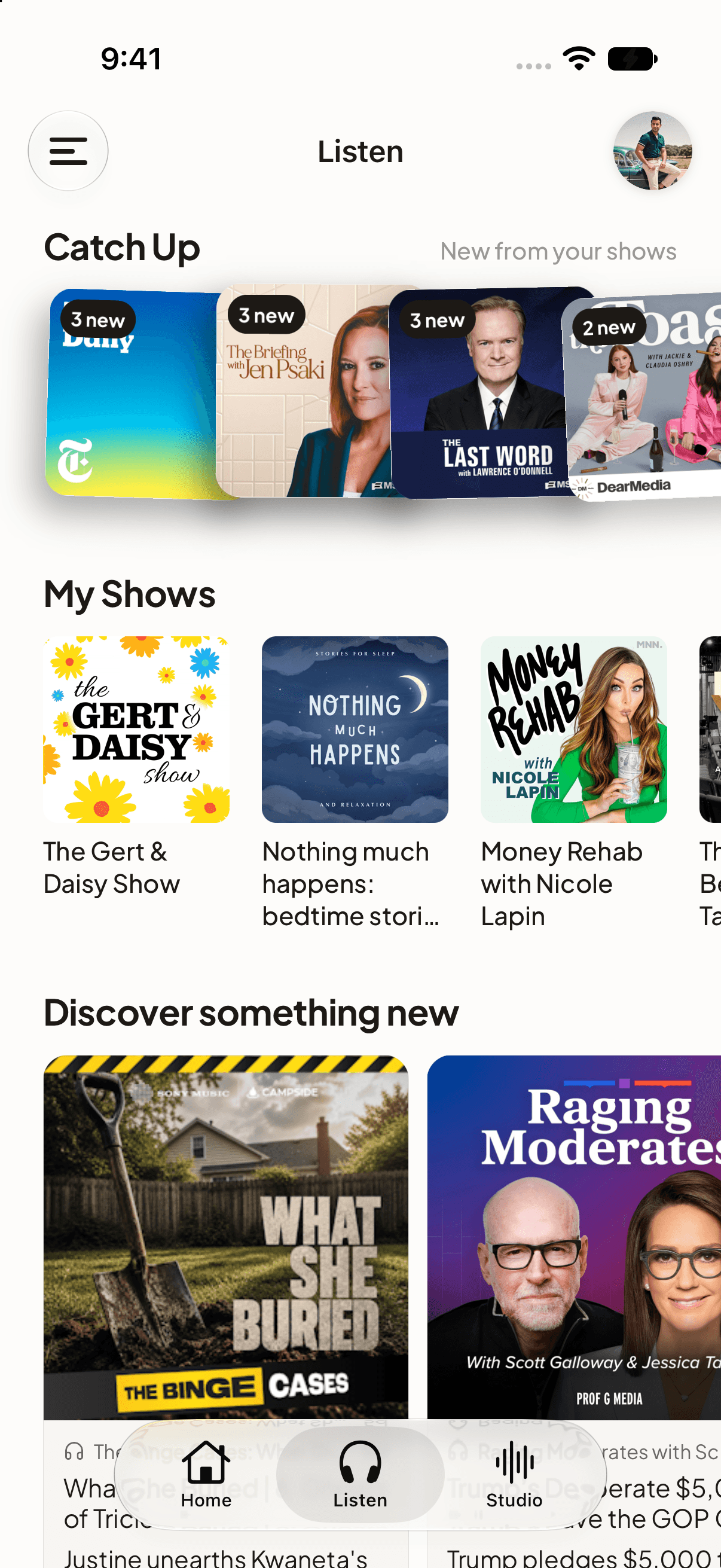 Scroll’s current Listen screen with podcast discovery and followed shows