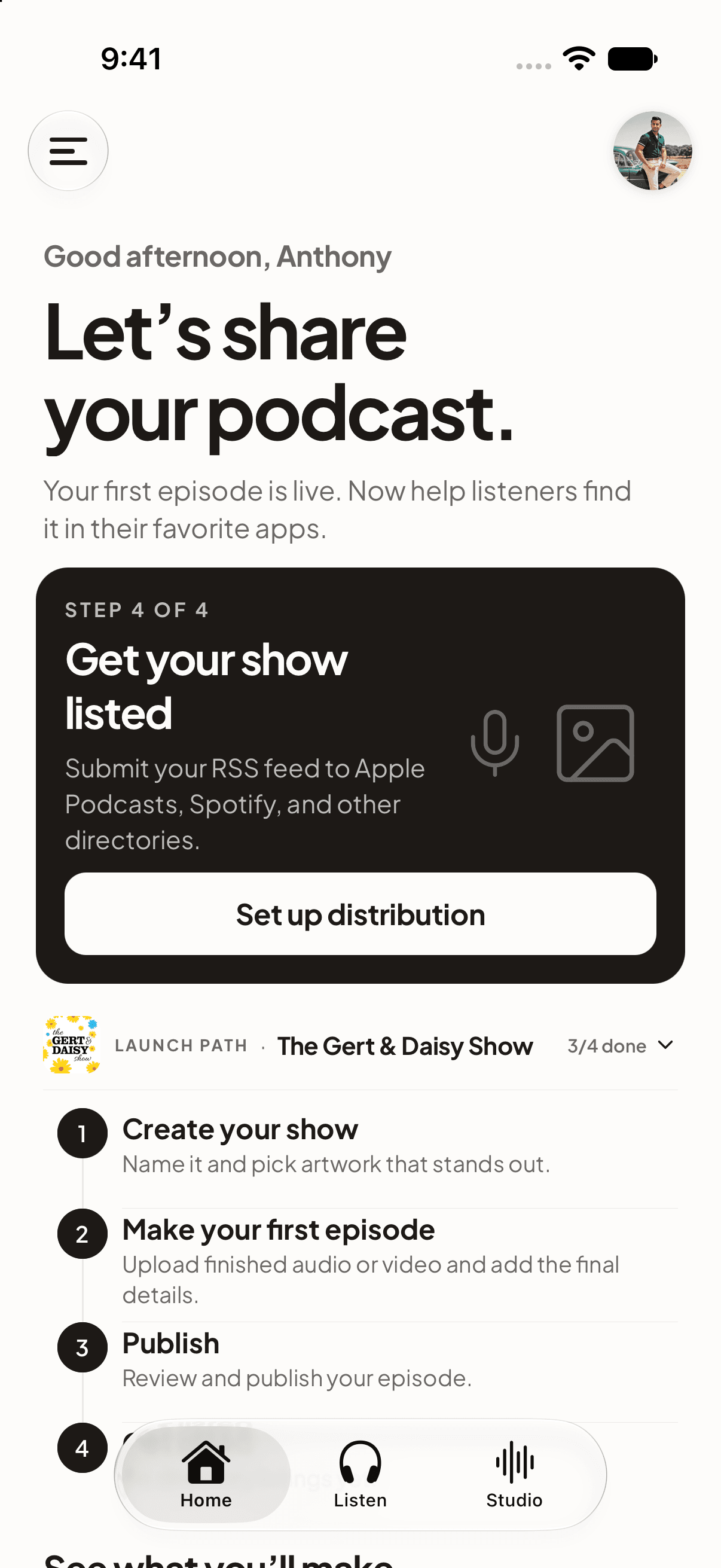 Scroll Home showing the creator launch path for The Gert & Daisy Show