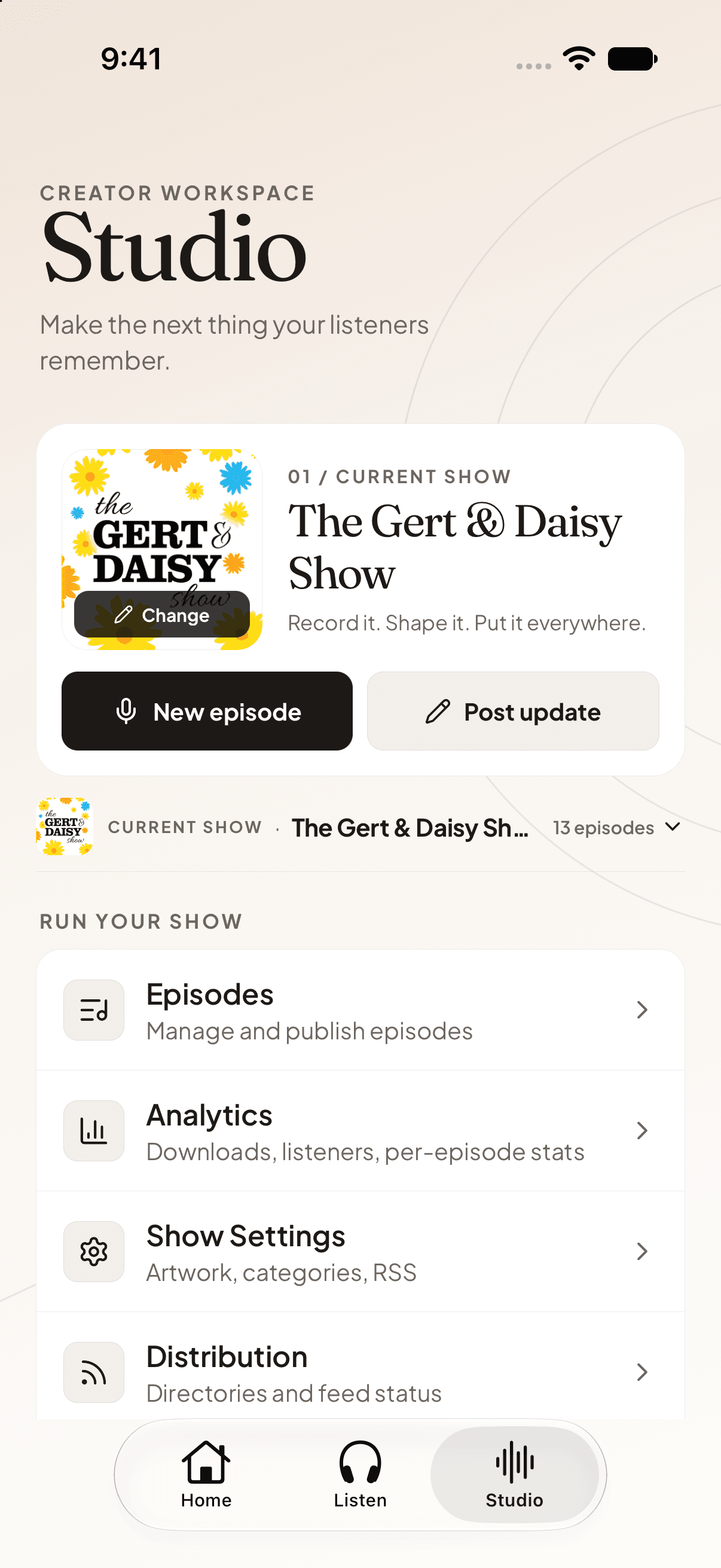 Scroll Studio with episode creation, show settings, analytics, and distribution