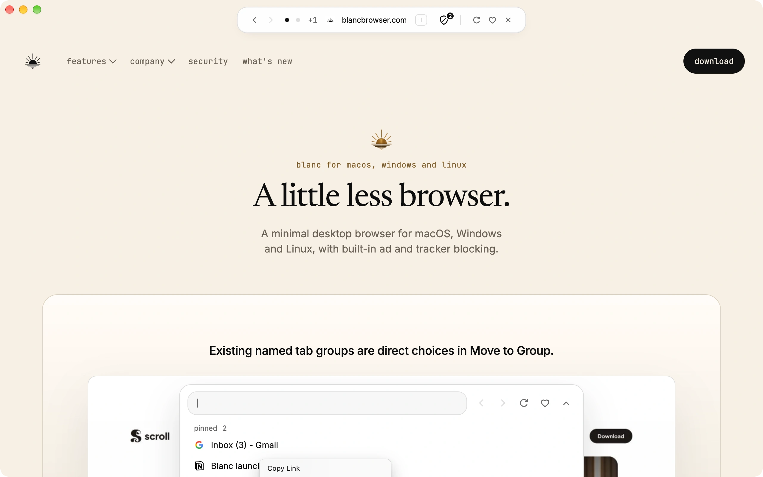 Blanc Browser with its floating Island toolbar above the Blanc homepage